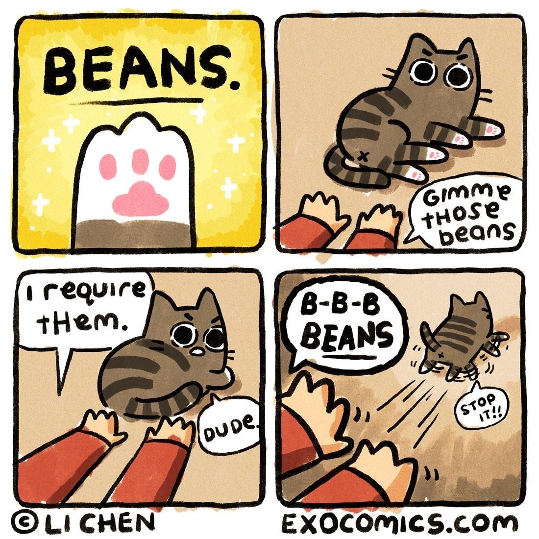 A four panel comic about a human playfully teasing/harassing a cat about wanting the cat's toe beans. First panel shows a cat's paw with "Beans" written above in big lettering. Second panel: Outstretched human arms are approaching a vigilant-looking cat with the human saying, "gimme those beans." Third panel: Outstretched human arms are still visible, with the speech bubble saying, "I require them." The cat looks pissed off now and says, "DUDE." Fourth panel: The outstretched human arms are say "B-B-B BEANS." The cat is now scurrying away and says "stop it."