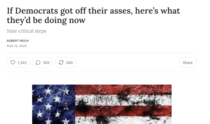 A small screenshot of the banner and heading of the linked article.  There is the text "If Democrats got of their asses, here's what they'd be doing now." and the top part of a stylized and apparently slightly damaged American flag.