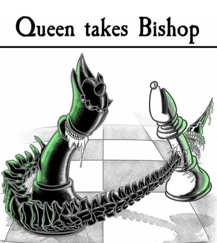 "Queen takes Bishop" Picture of a chess queen that looks like the alien from the movie Alien stabbing it's tail through a bishop