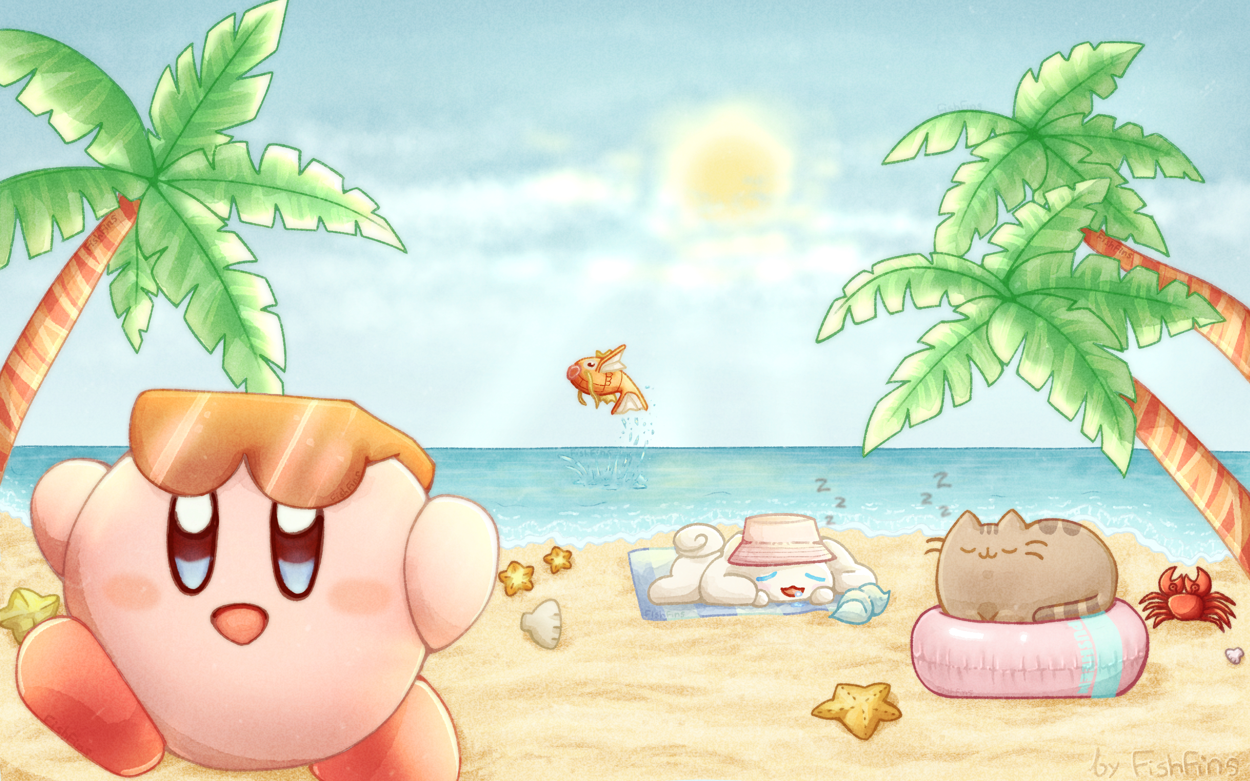 A drawing of a few characters enjoying a summer beach vacation. You can see some clouds in the sky and a bright sun. There are palms on both sides and seashells and stars scattered all over the warm sand. Magikarp is seen jumping out of the water in the distance. A bit further away, Cinnamoroll is taking a nap on a blue striped beach towel, shielded by a pink sun hat. On the right, Pusheen is napping on top of a round, pink pool float with a blue stripe and blue text reading "PUSHEEN". Even further to the right, there is a little red crab. At the front of the drawing on the left, Kirby is running forward with a smile and sunglasses on their head. 