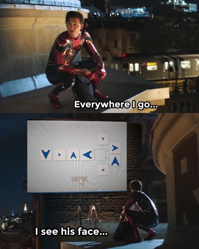 Spider man meme. Top panel "Everywhere I go", bottom panel "I see his face". On the wall is a picture of a psychiatric cognition/ logic test, where are Arch logos everywhere.