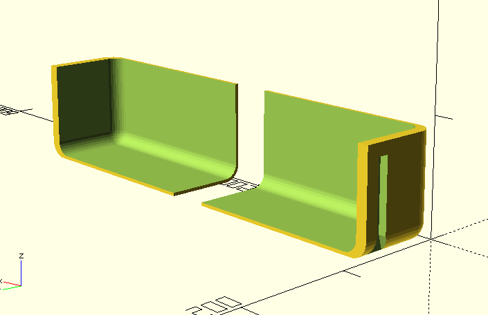 OpenSCAD render of a fridge door self in two parts