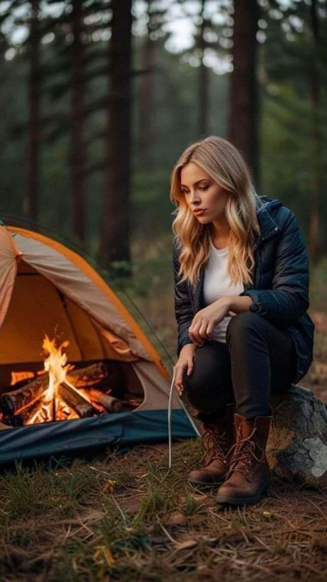 A blond woman in the woods is crouching near the woodfire that's burning INSIDE her tent 