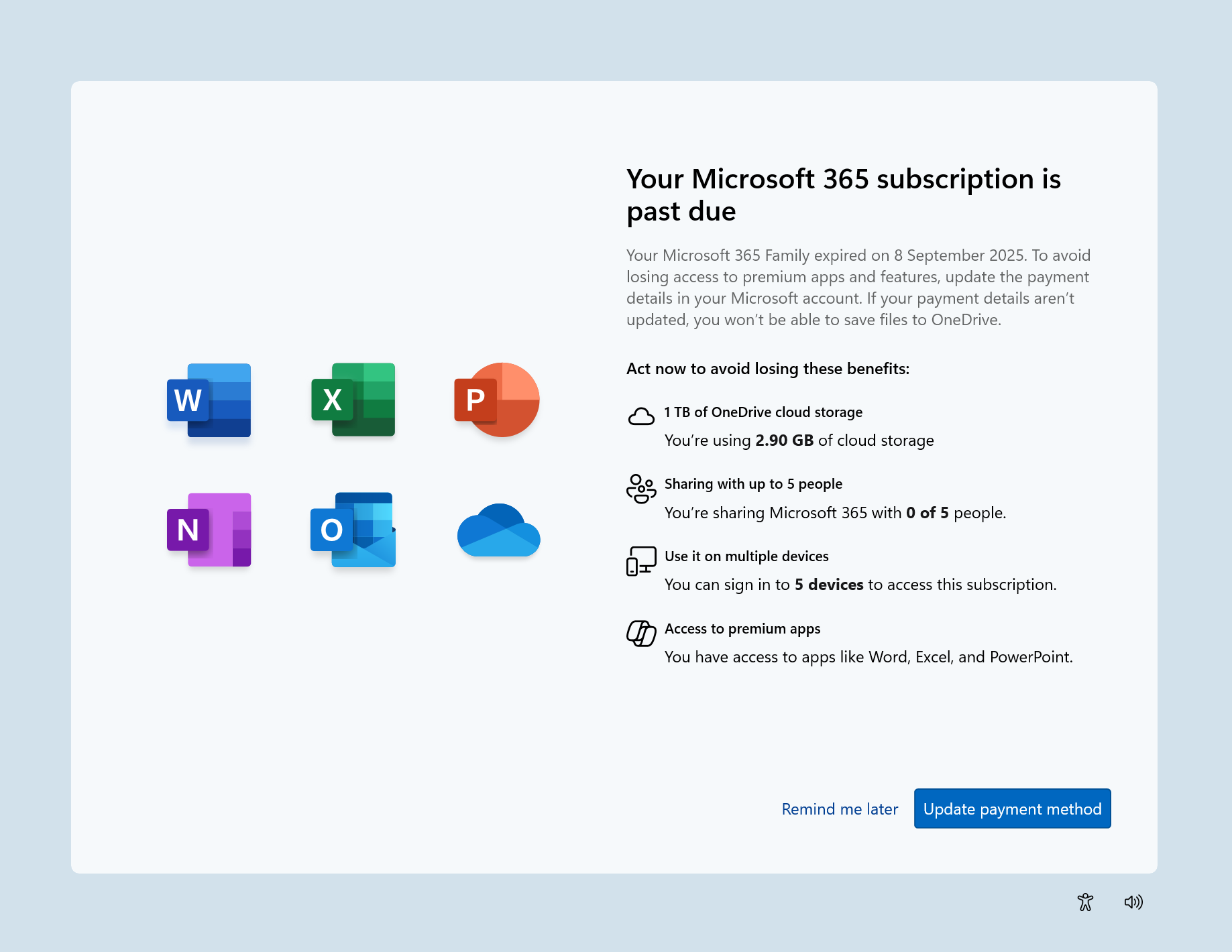 SCOOBE screen (Second Chance Out of Box Experience) for notifying you your Microsoft 365 subscription is past due with link to take action.
